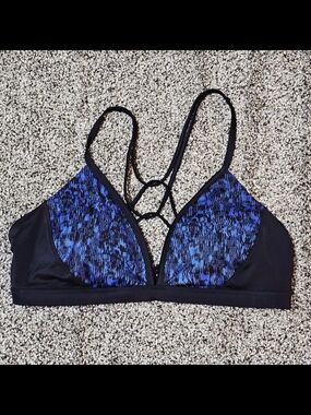 Athleta Black Bralette with Blue Patterned Cups and Strappy Back